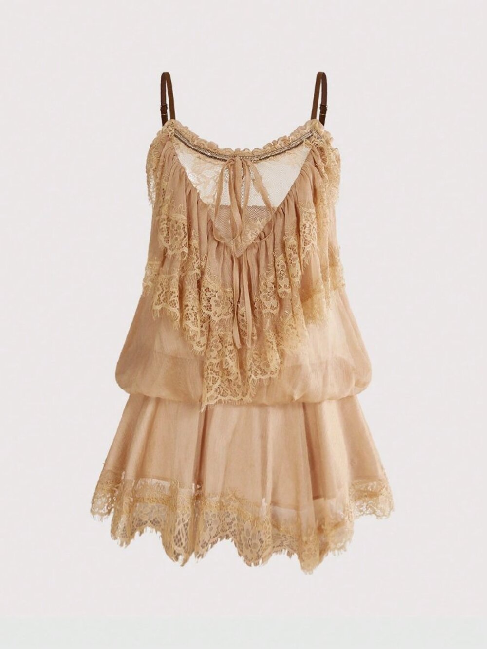Apricot Casual Women's Sheer Contrast Lace Cold Shoulder Mini Slip Dress